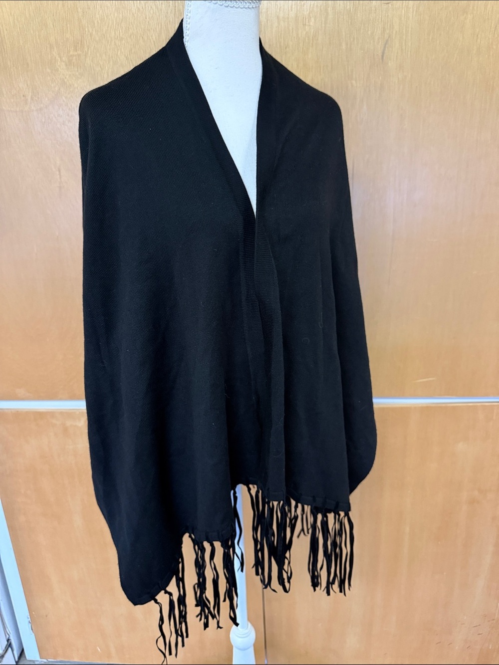 Calvin Klein Black Fringe Wrap Poncho